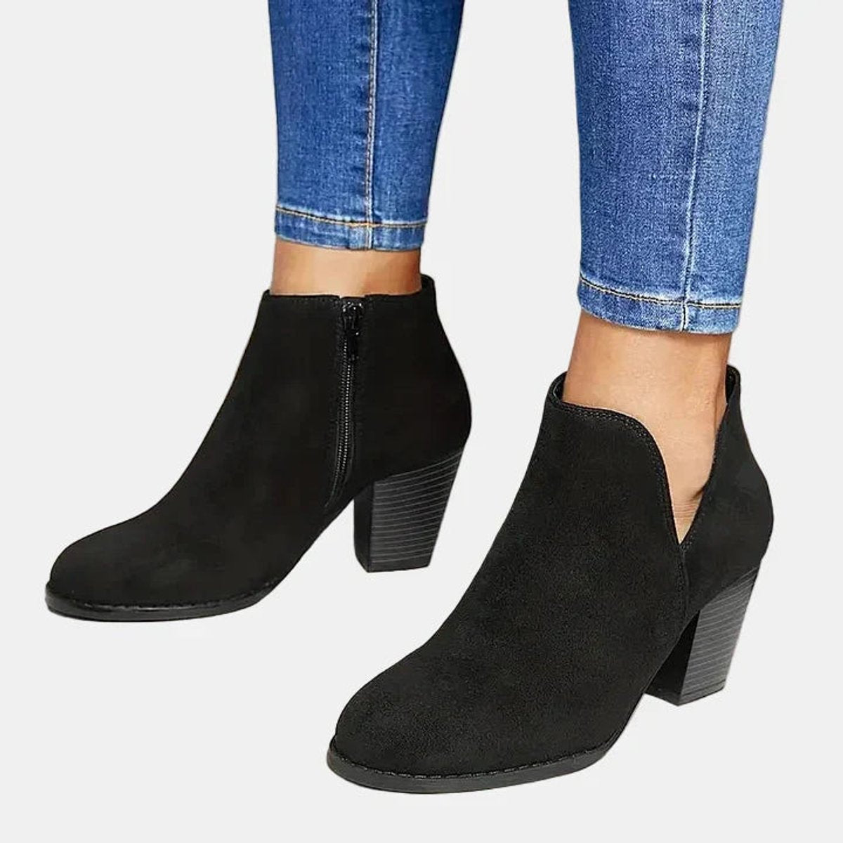 Women's Suede-Finish Block-Heel Side-Zip Booties – Black