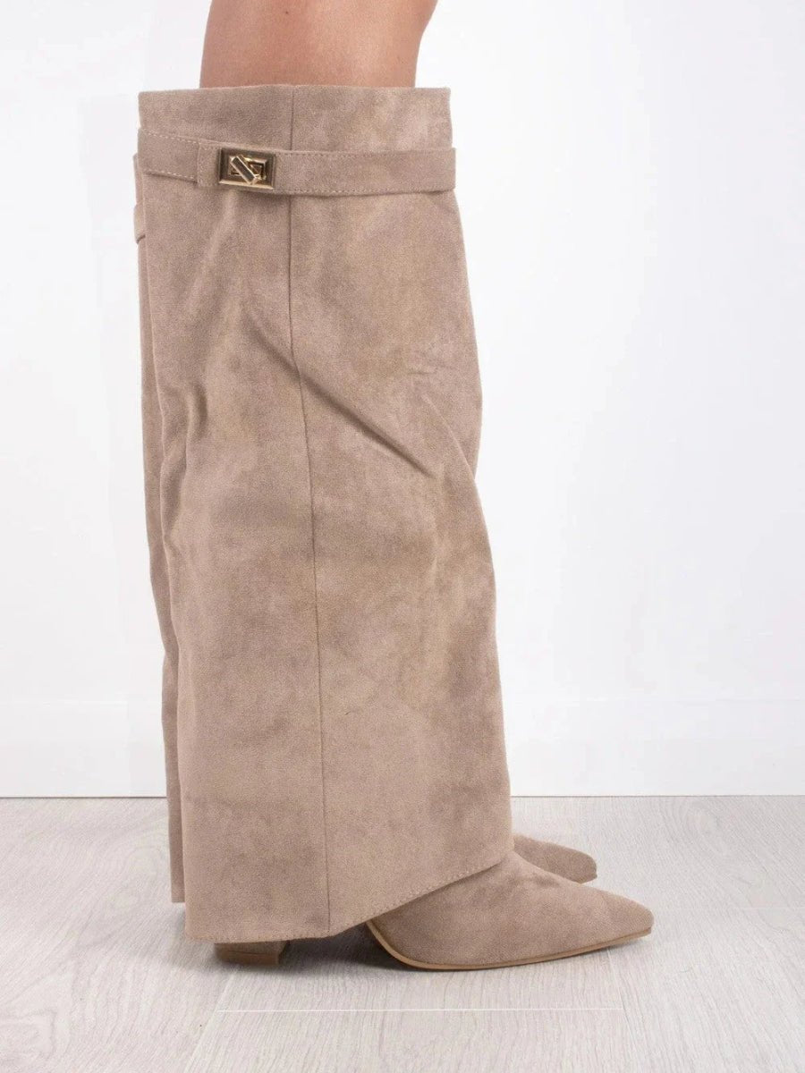 Women's Suede-Finish Fold-Over Knee-High Boots Clasp – Beige