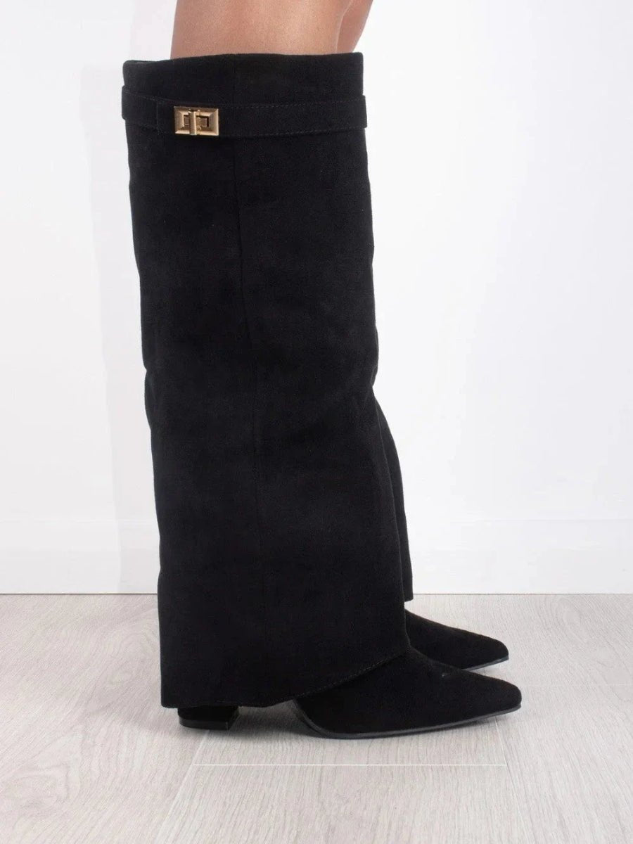Women's Suede-Finish Fold-Over Knee-High Boots Clasp – Black