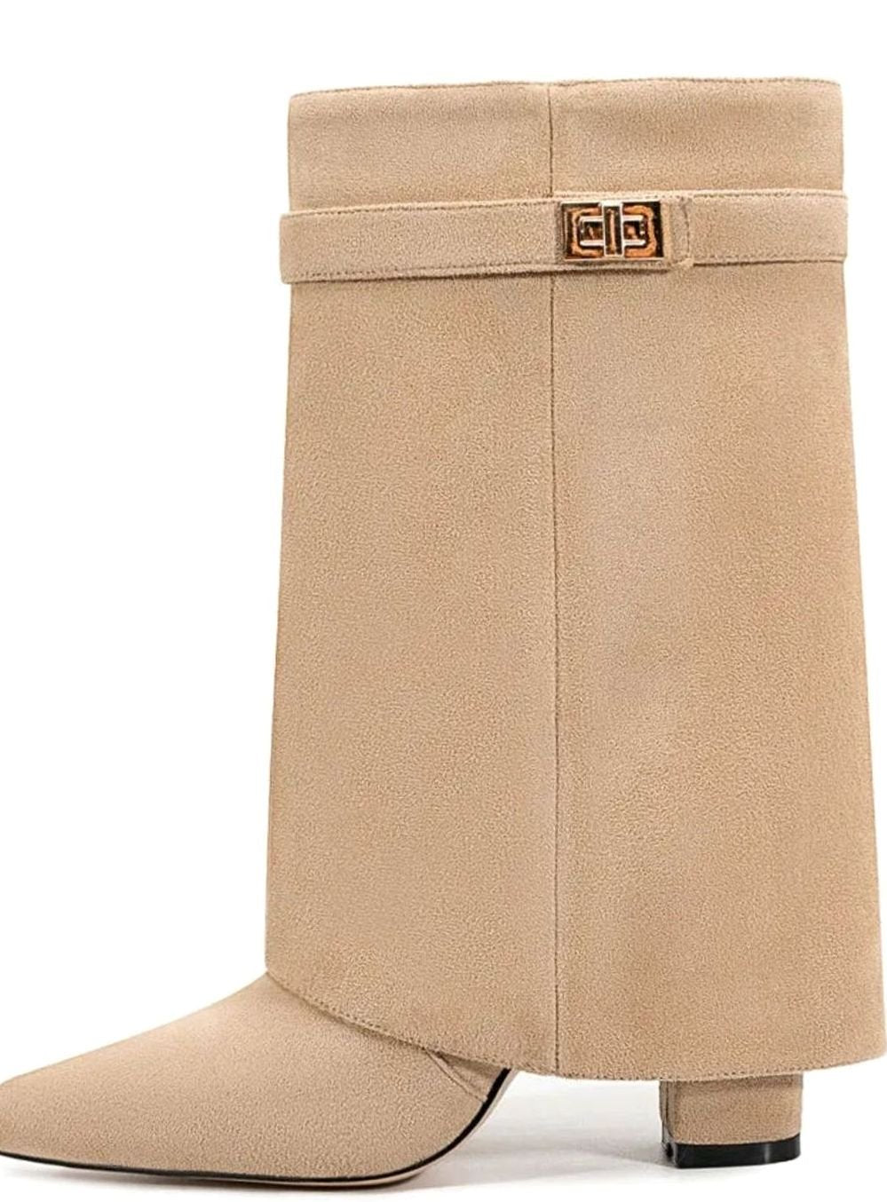 Women's Suede-Finish Fold-Over Cuff Mid-Calf Buckle-Detail Boots – Apricot
