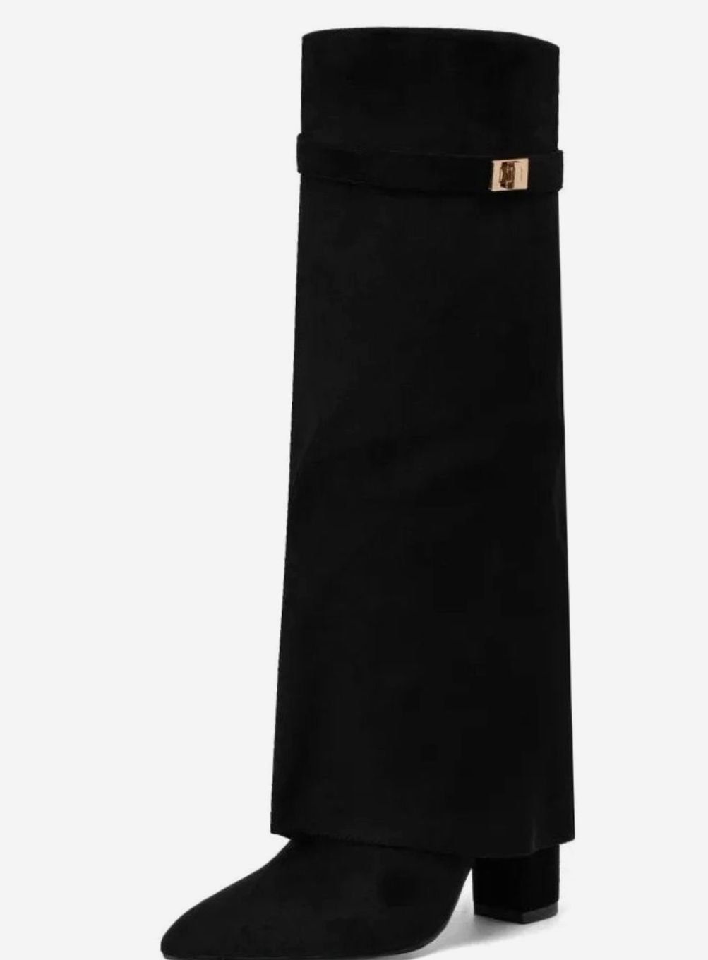 Women's Suede-Finish Fold-Over Cuff Knee-High Buckle-Detail Boots – Black Suede