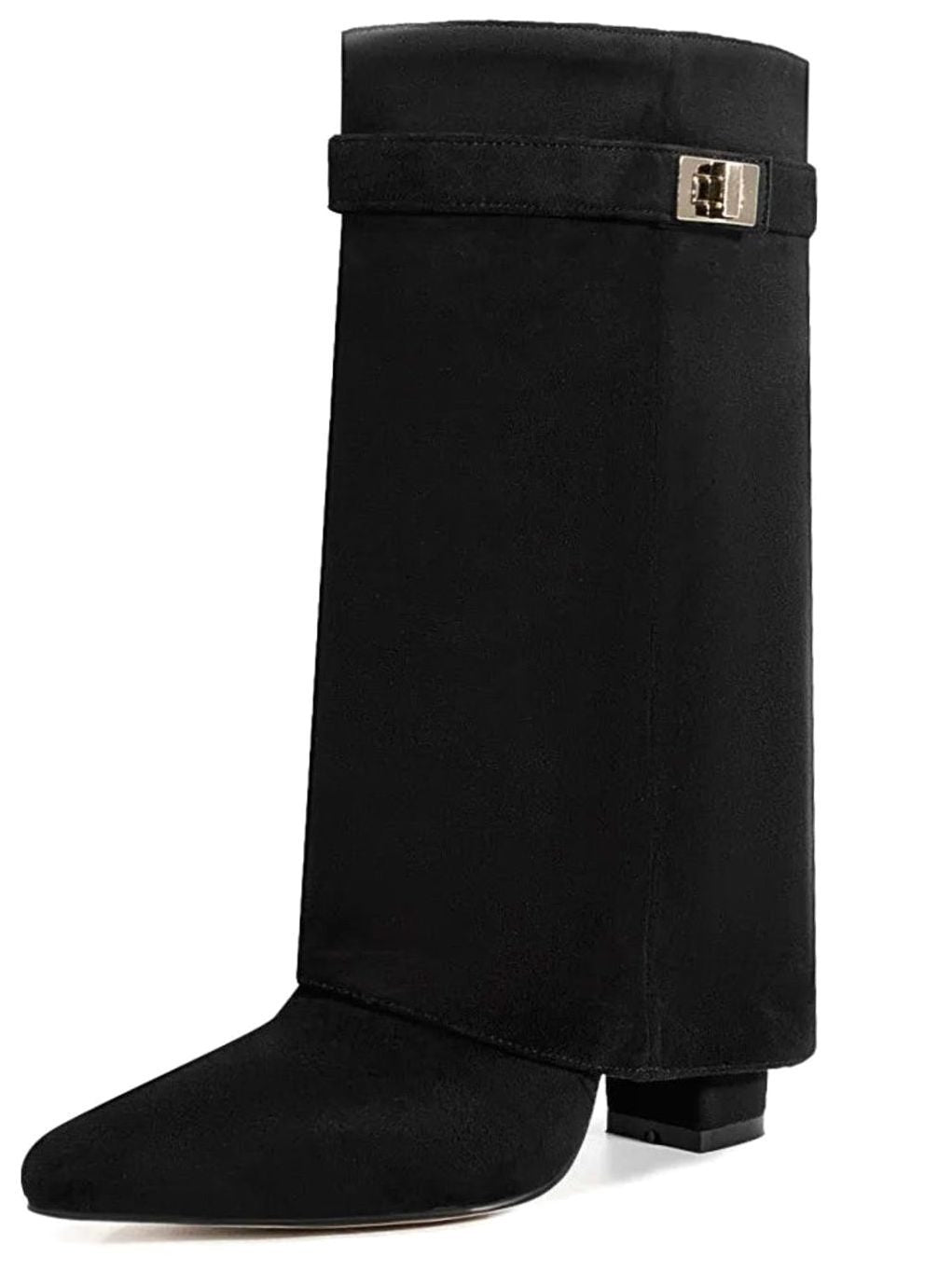 Women's Suede-Finish Fold-Over Cuff Mid-Calf Buckle-Detail Boots – Black Suede