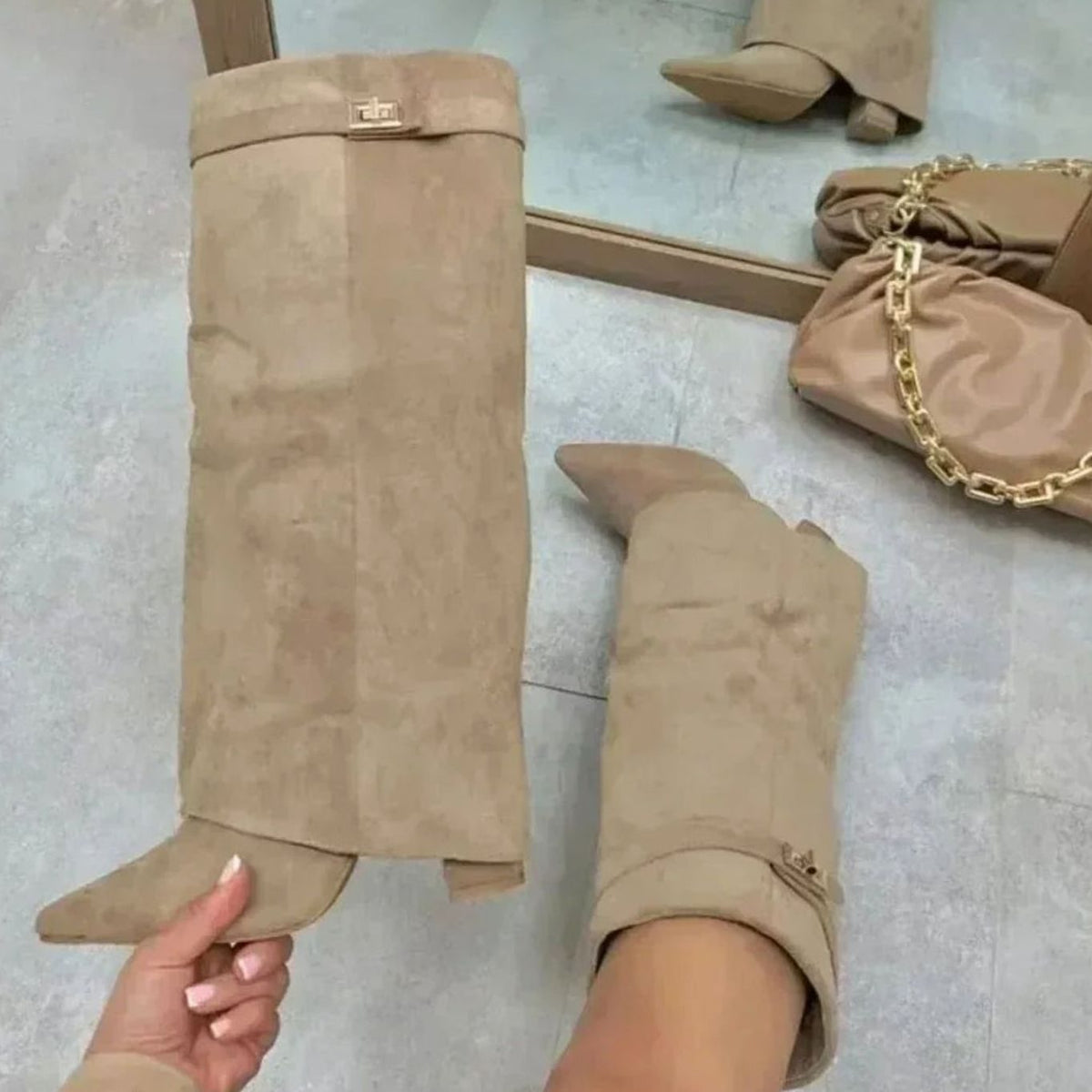 Women's Suede-Finish Fold-Over Cuff Knee-High Buckle-Detail Boots – view 3