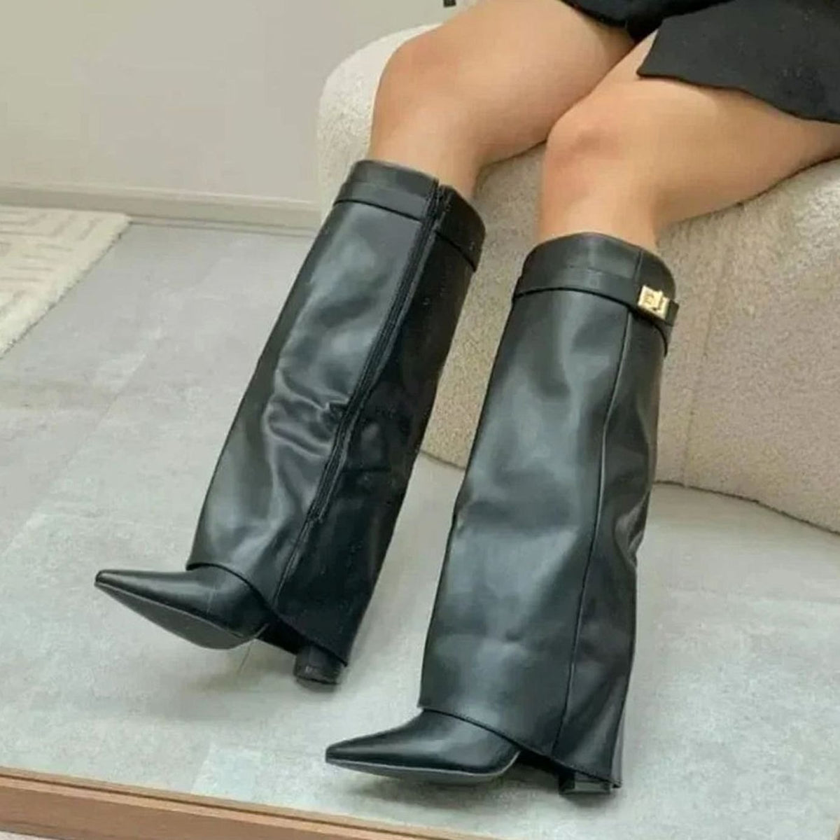 Women's Suede-Finish Fold-Over Cuff Knee-High Buckle-Detail Boots – view 5