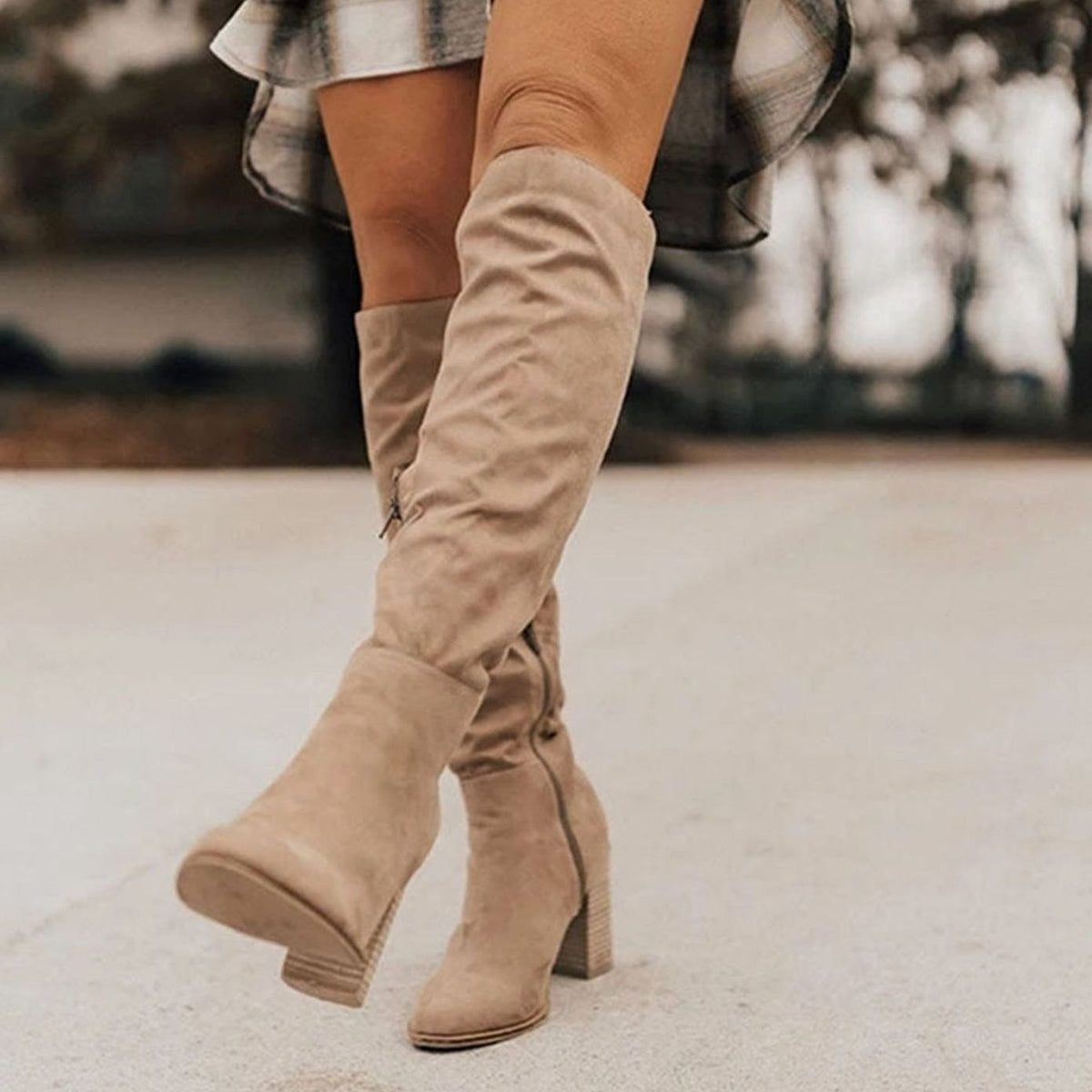 Women's Slouchy Suede-Finish Knee-High Block-Heel Boots – Beige