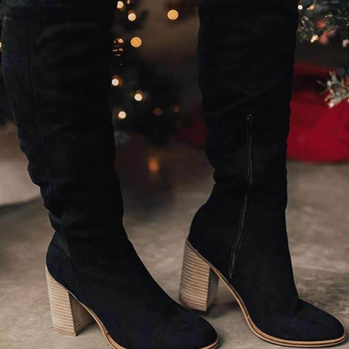 Women's Slouchy Suede-Finish Knee-High Block-Heel Boots – Black