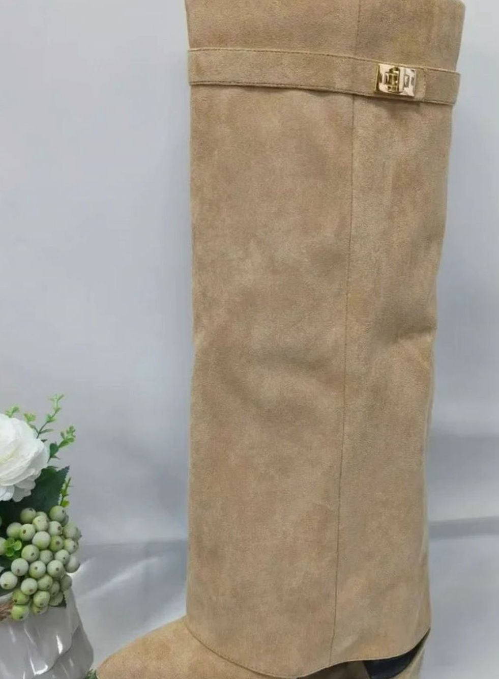 Women's Suede-Finish Knee-High Boots with Buckle Strap – Apricot