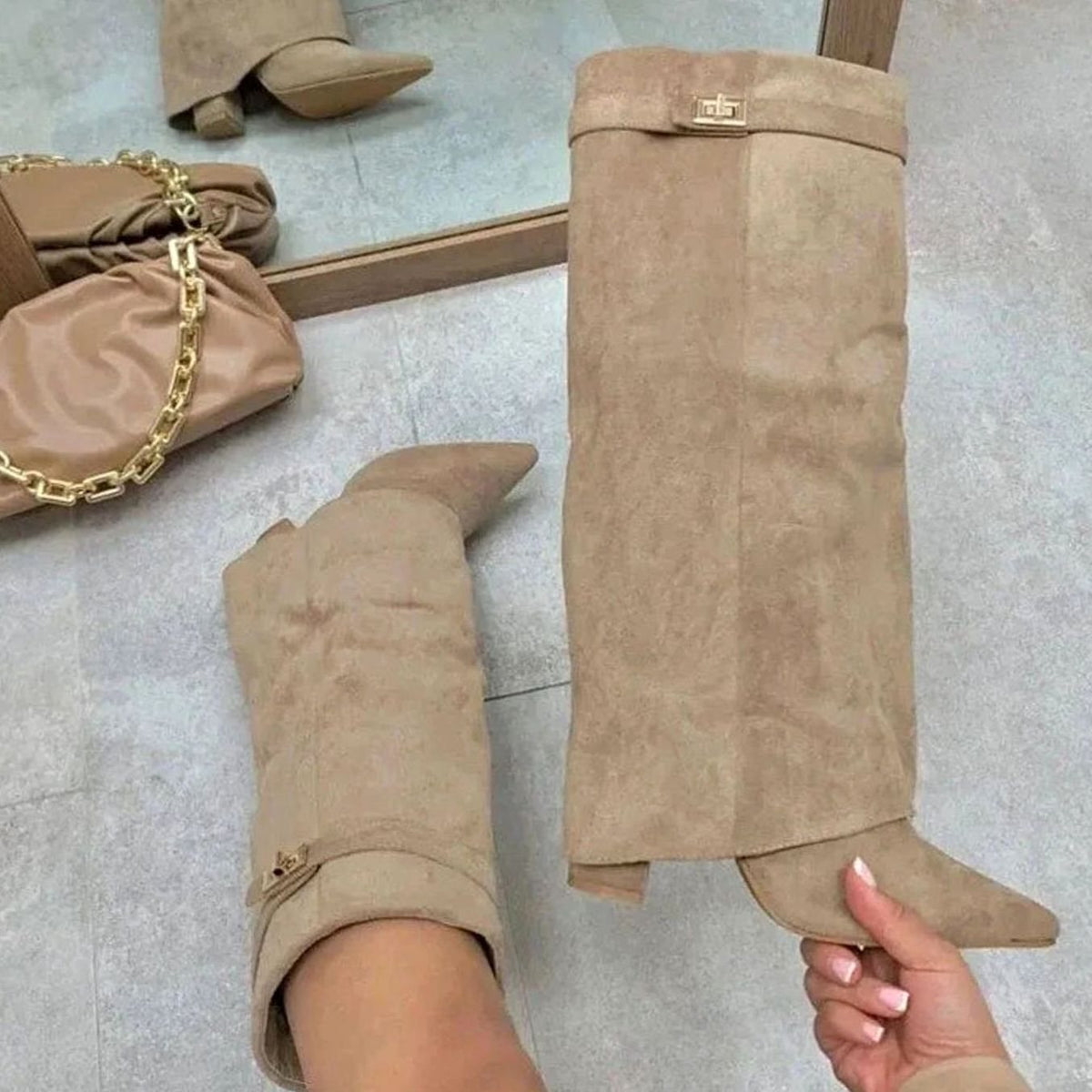 Women's Suede-Finish Knee-High Boots with Buckle Strap – view 5