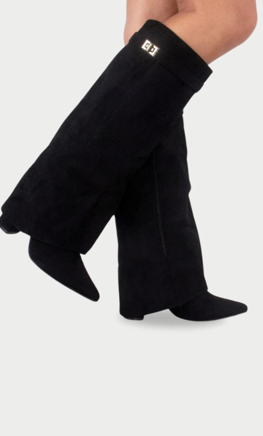 Women's Pointed-Toe Wedge-Heel Suede-Finish Tall Boots – Black Suede