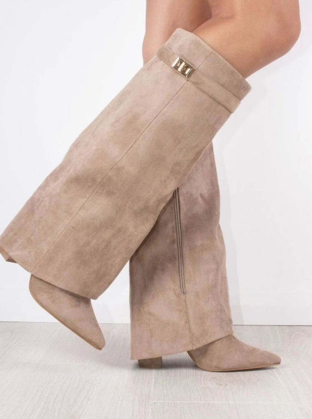 Women's Pointed-Toe Wedge-Heel Suede-Finish Tall Boots – Beige Suede