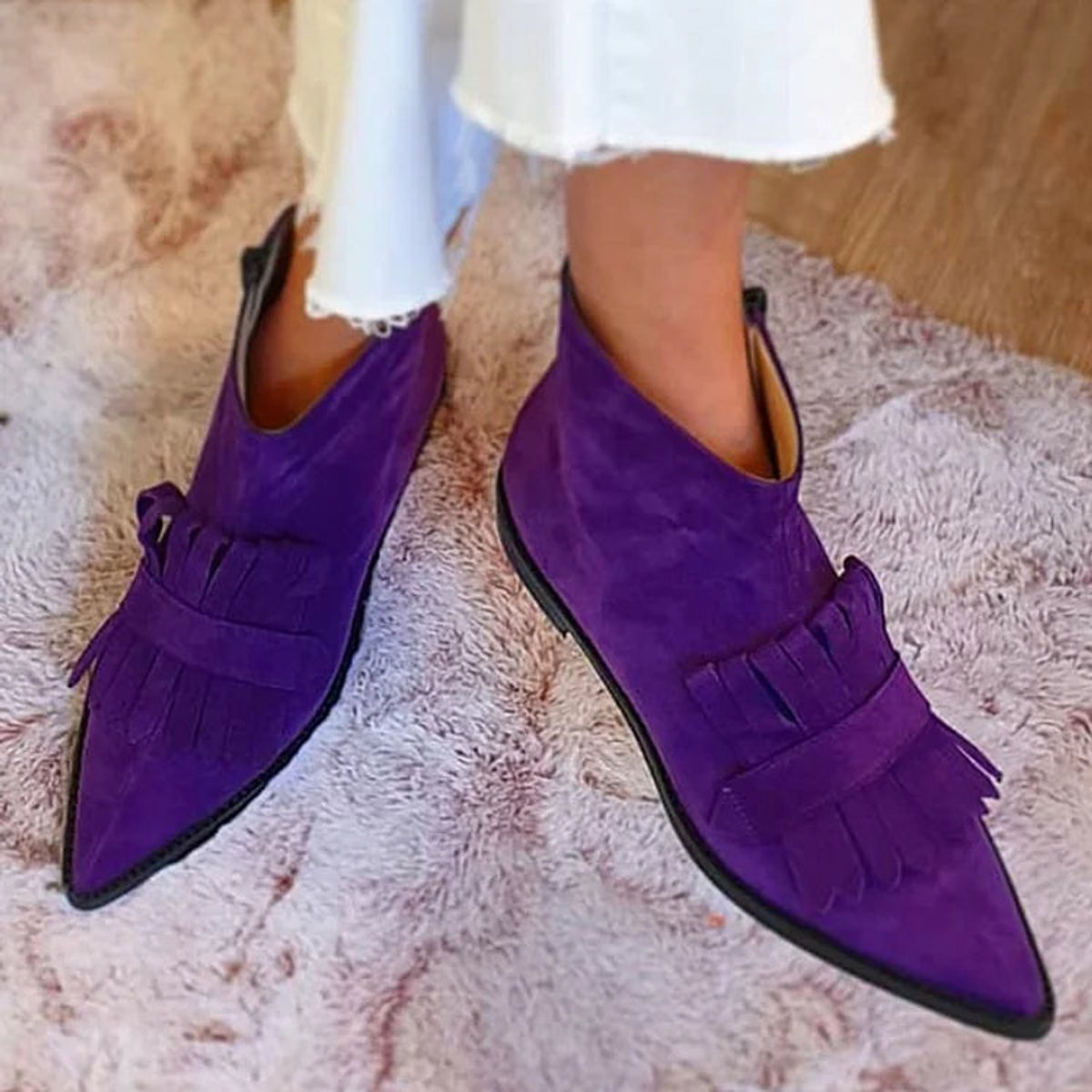 Women's Suede-Finish Pointed-Toe Fringe Flat-Sole Booties – Purple