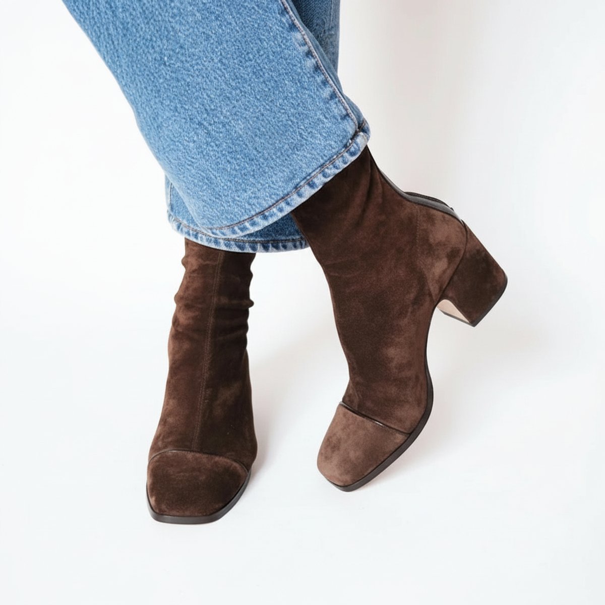 Women's Suede-Finish Square-Toe Block-Heel Booties – Dark Brown