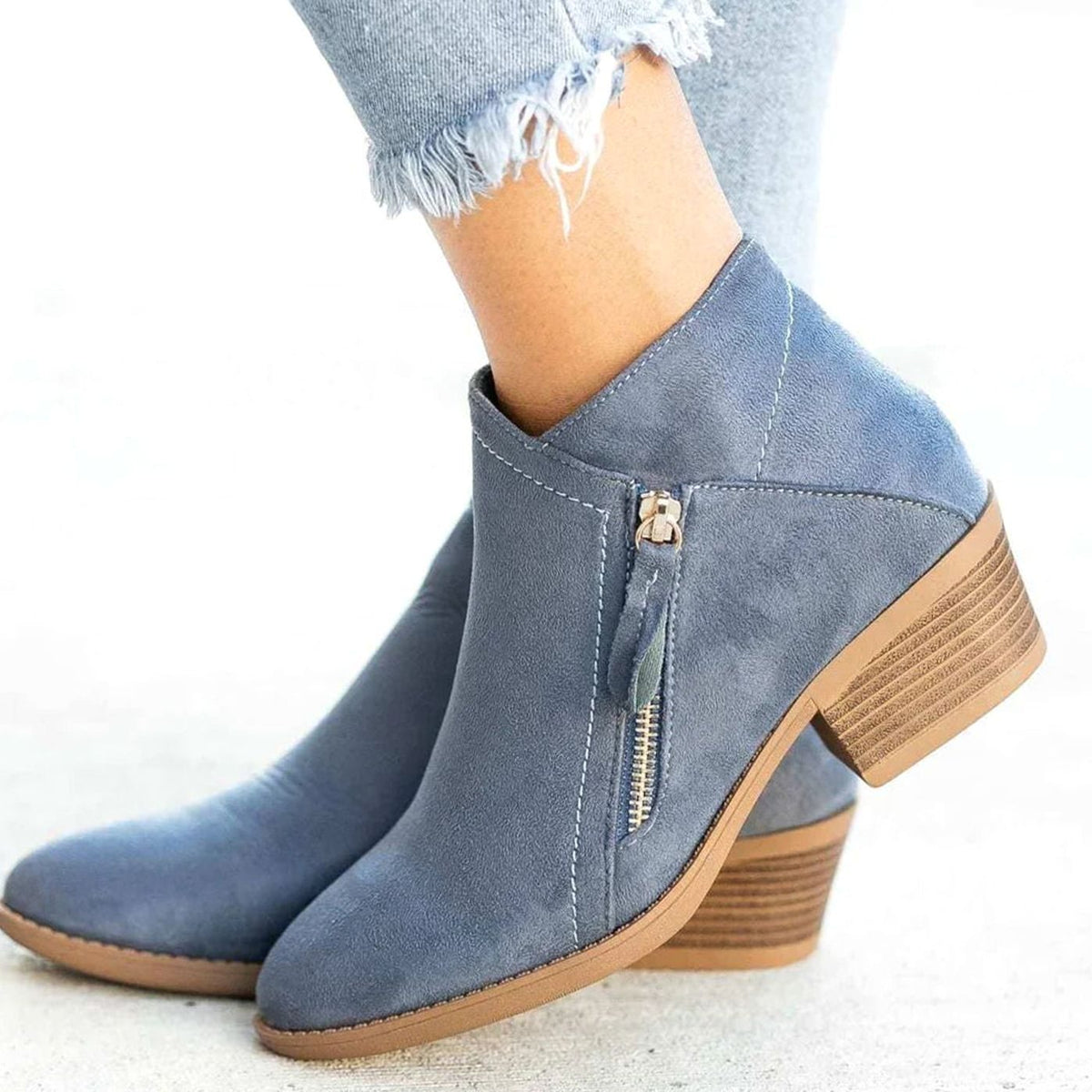 Women's Suede-Finish V-Cut Full-Zip Block-Heel Booties – Blue