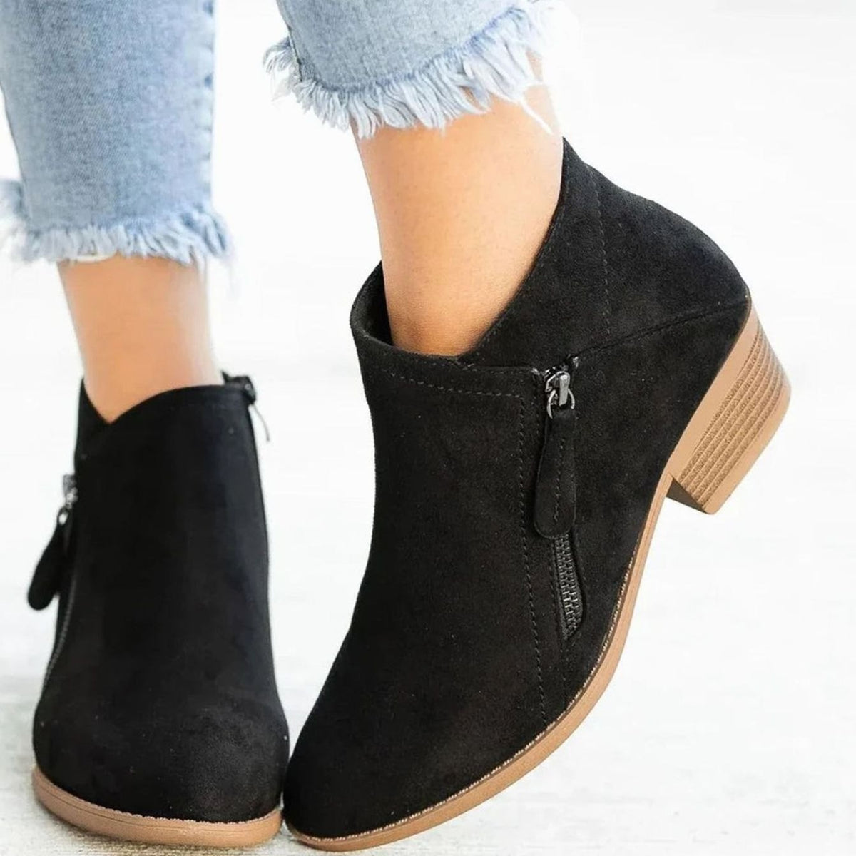 Women's Suede-Finish V-Cut Full-Zip Block-Heel Booties – Black