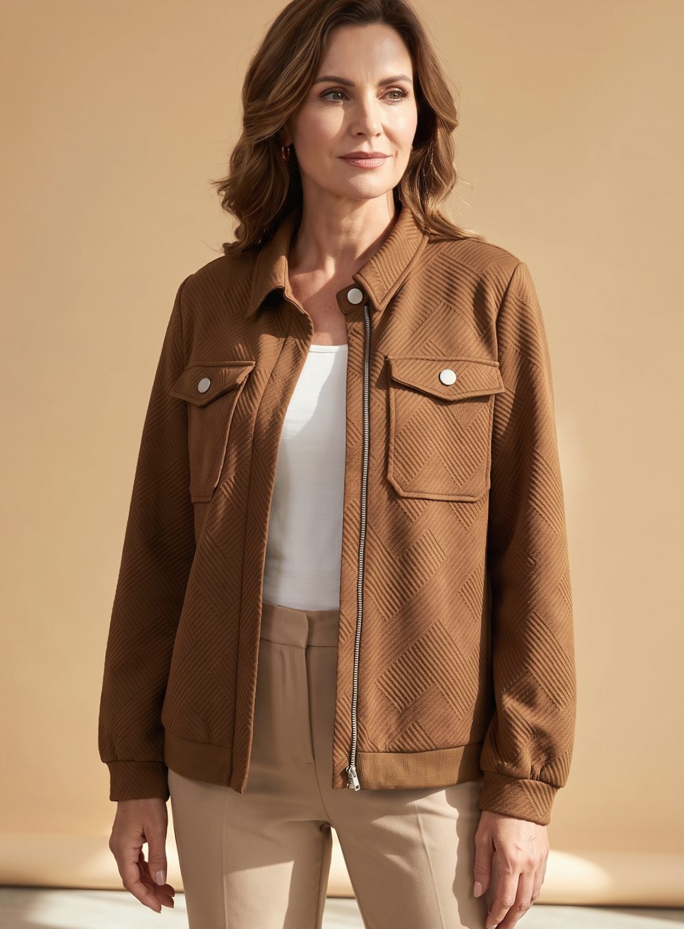 Women's Textured Full-Zip Bomber Jacket – Coffee Brown