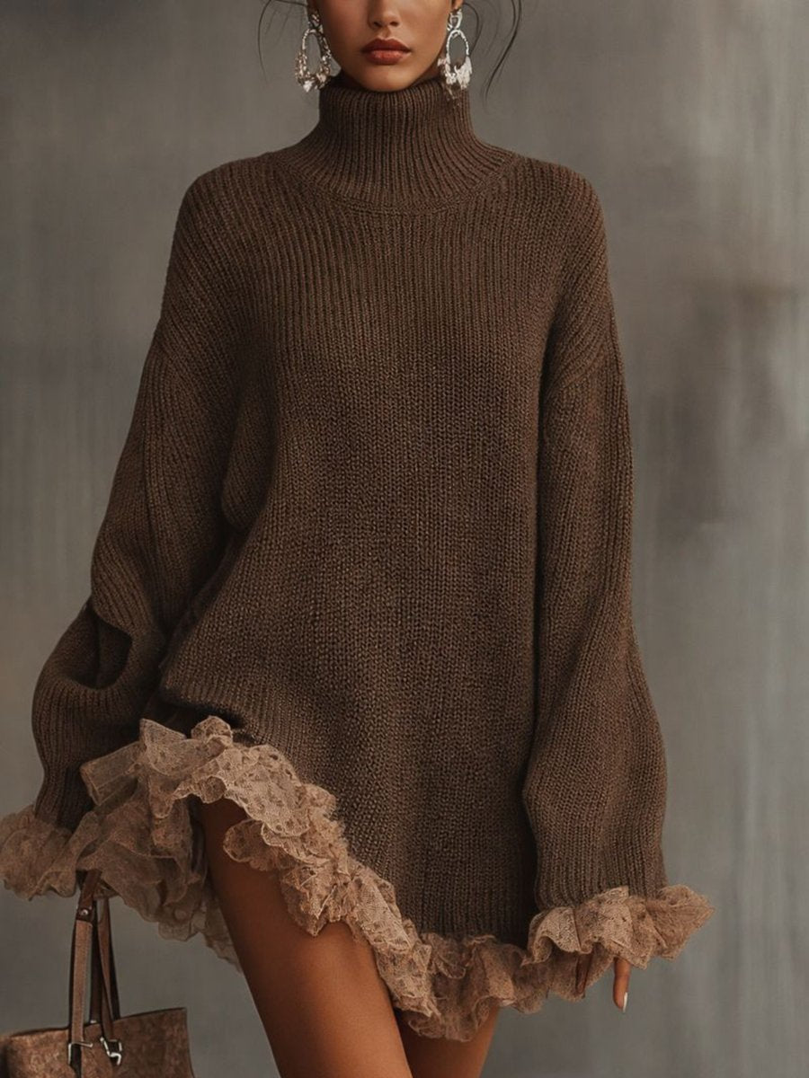 Women's Loose-Fit Roll-Neck Knit Sweater Dress – Brown