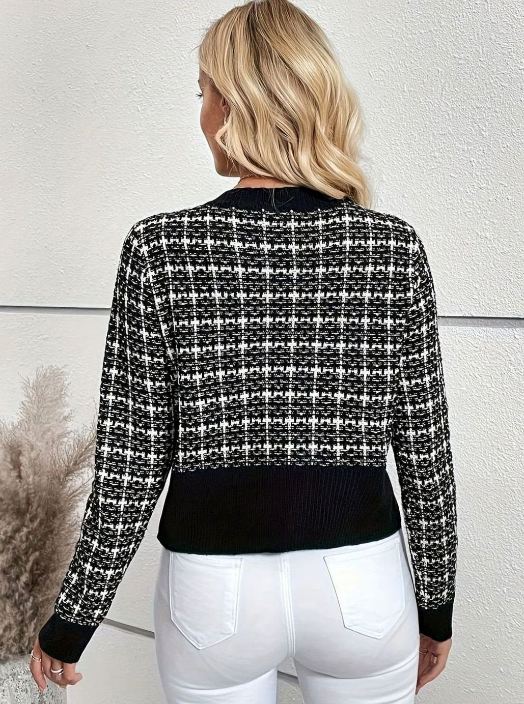 Women's Tweed-Style Button-Front Crop-Length Knit Cardigan – view 5
