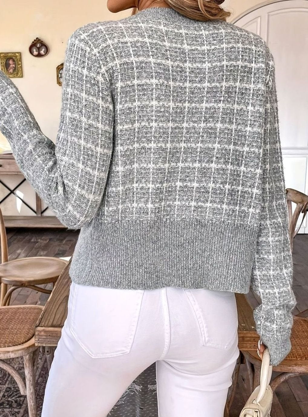 Women's Tweed-Style Button-Front Crop-Length Knit Cardigan – view 7