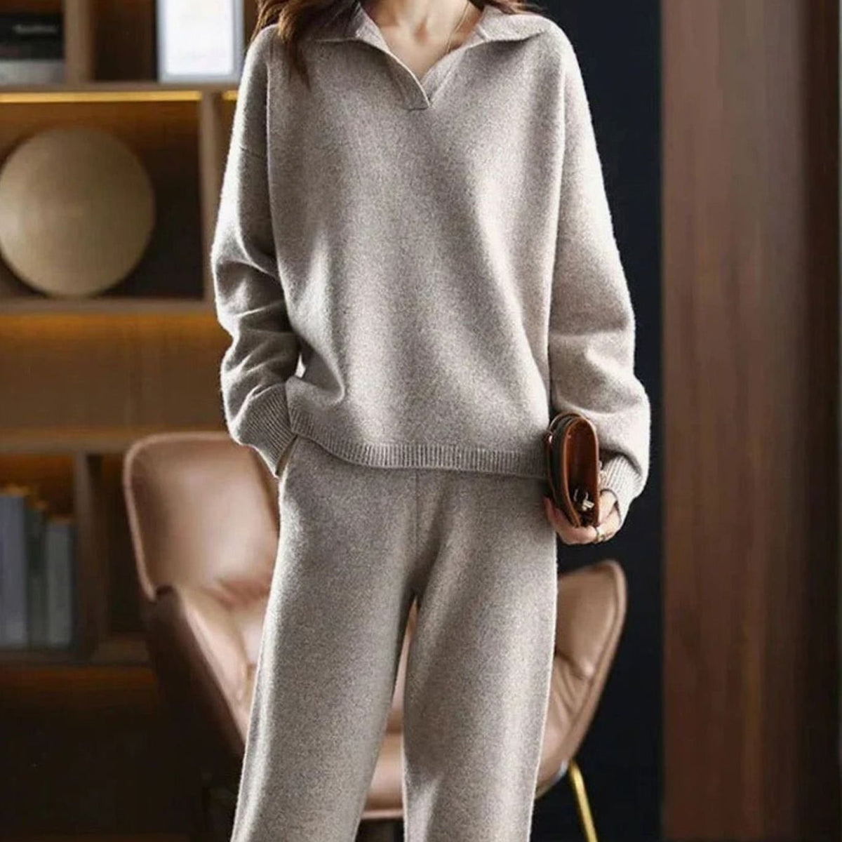 Women's Knit Collar-Detail Sweater and Wide-Cut Pants Set – Khaki