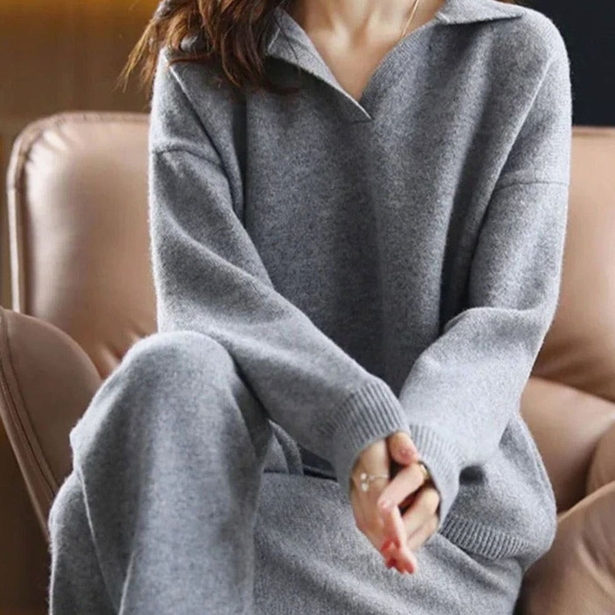Women's Knit Collar-Detail Sweater and Wide-Cut Pants Set – Gray