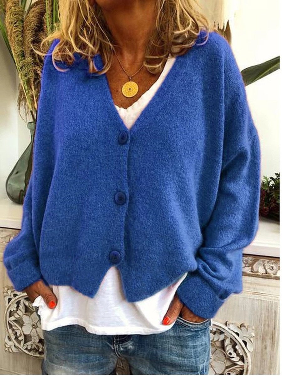 Women's V-Neckline Button-Front Oversized Knit Cardigan – Blue