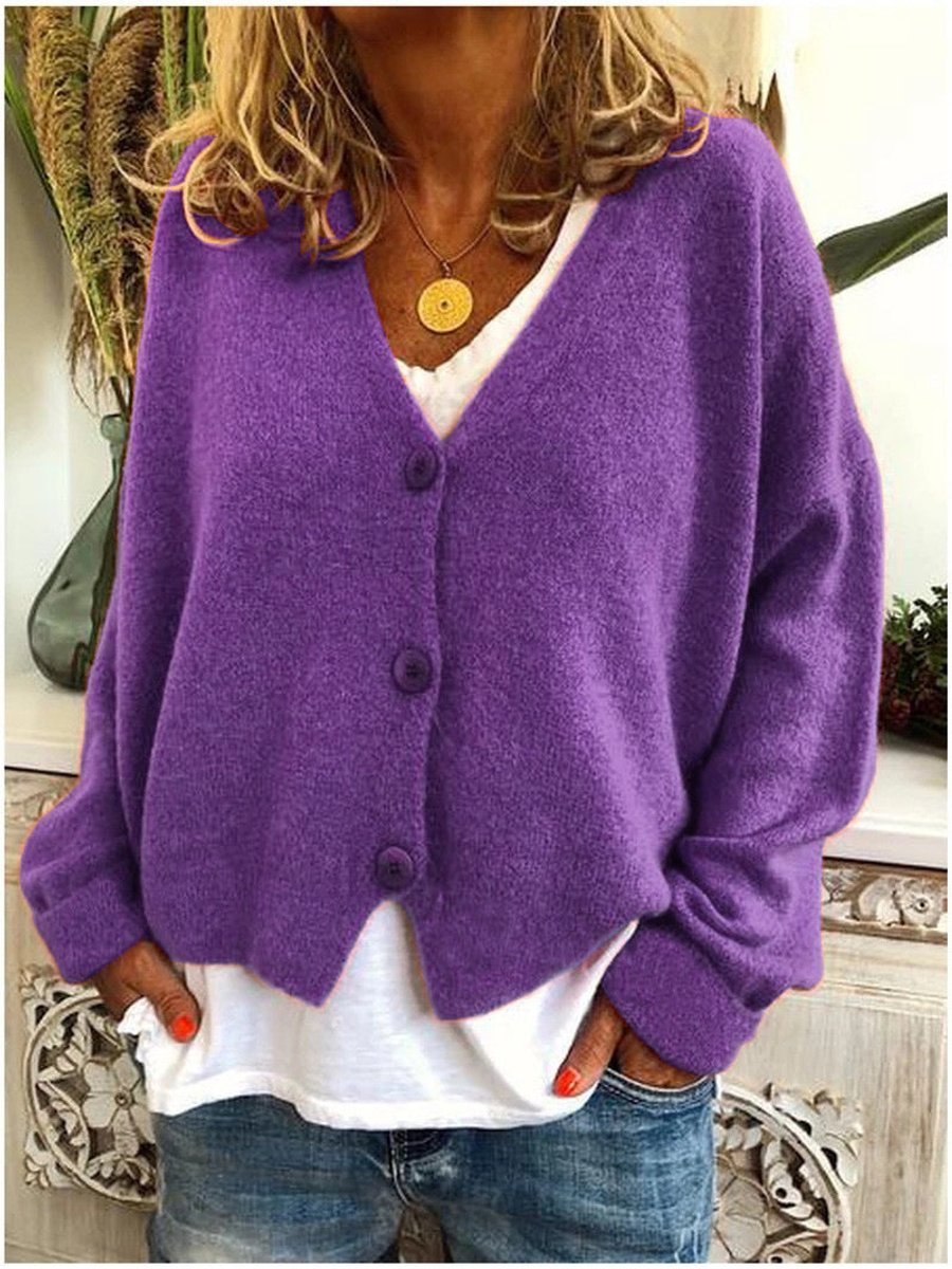 Women's V-Neckline Button-Front Oversized Knit Cardigan – Purple