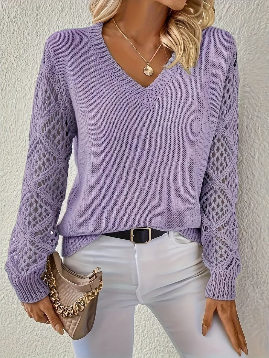 Women's V-Neckline Open-Weave Sleeve Knit Pullover – view 9