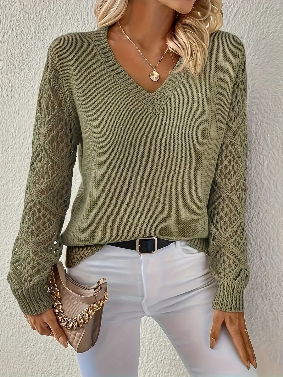 Women's V-Neckline Open-Weave Sleeve Knit Pullover – Olive Green