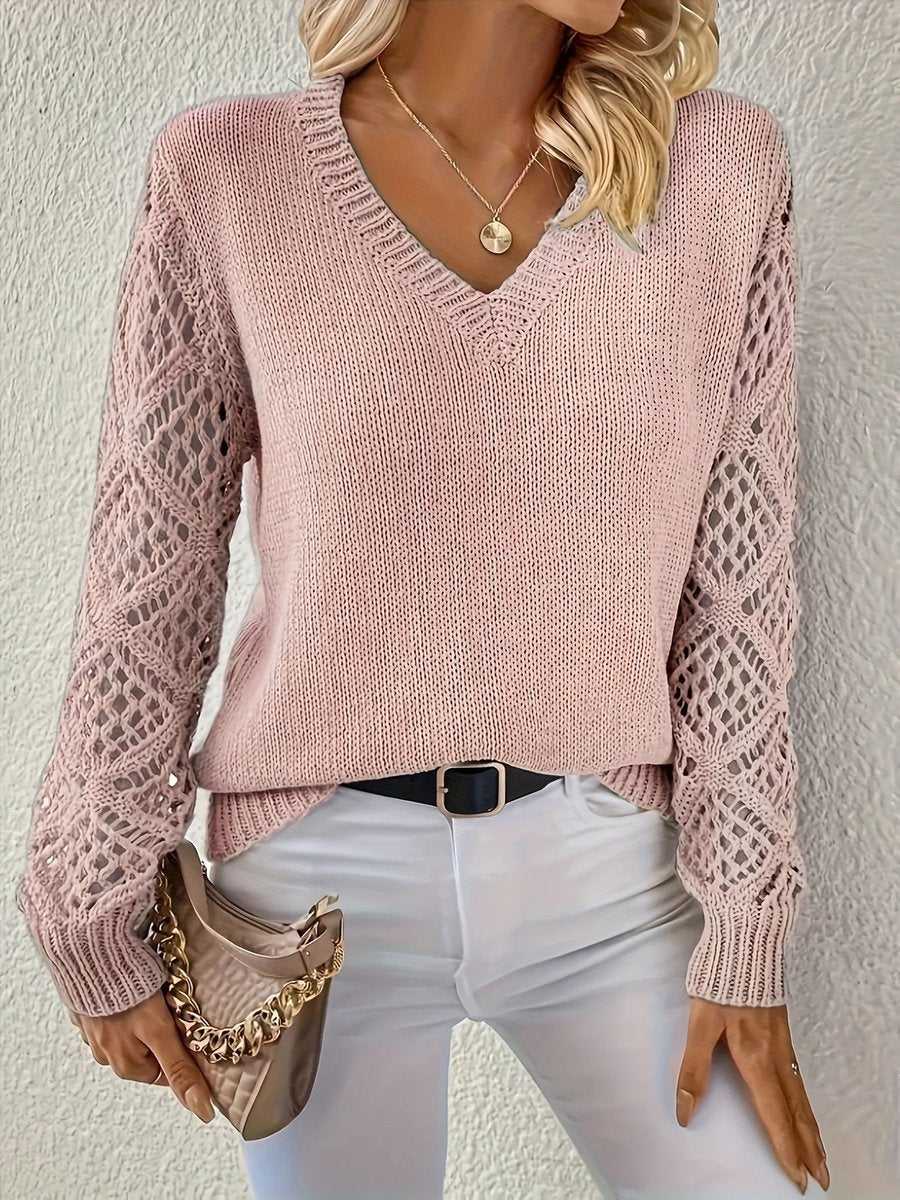 Women's V-Neckline Open-Weave Sleeve Knit Pullover – Blue