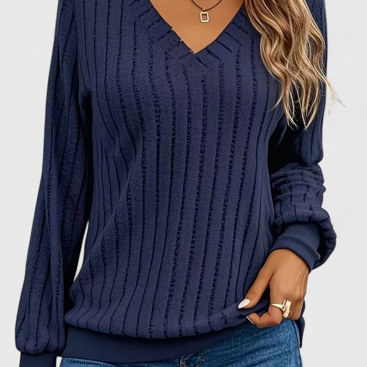 Women's V-Neckline Rib-Knit Cable-Knit Pullover – Navy Blue