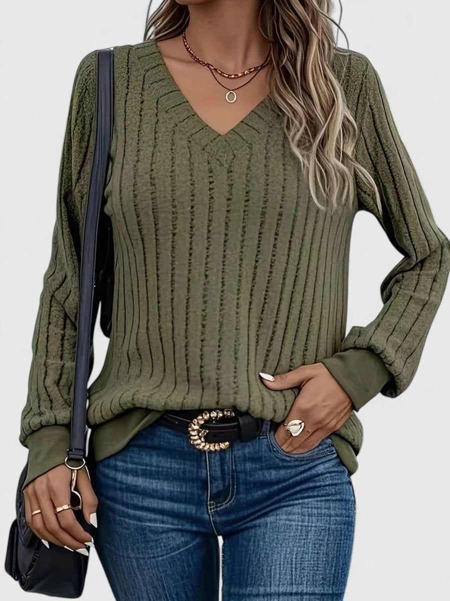 Women's V-Neckline Rib-Knit Cable-Knit Pullover – Green