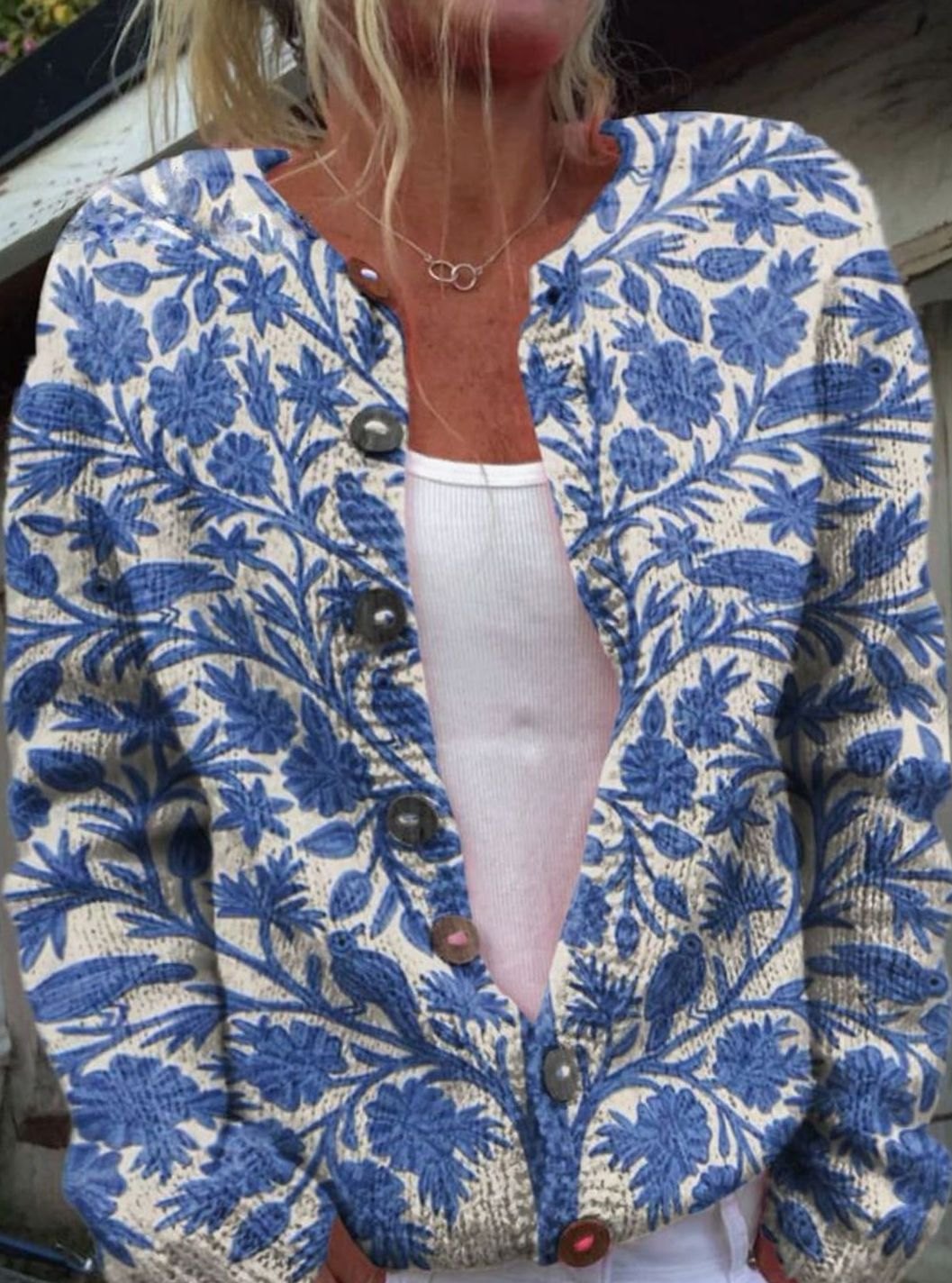 Women's Retro Flower-Print Button-Front Knit Cardigan – Blue