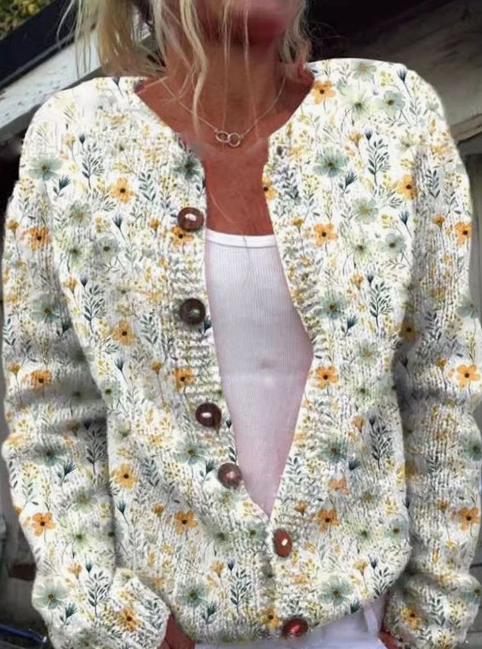 Women's Retro Flower-Print Button-Front Knit Cardigan – White