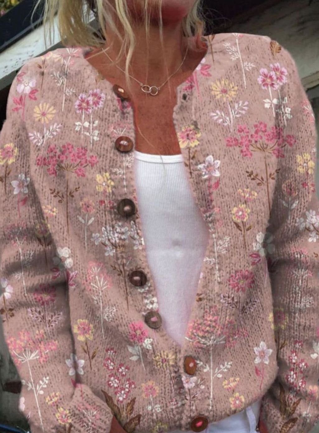 Women's Retro Flower-Print Button-Front Knit Cardigan – Pink