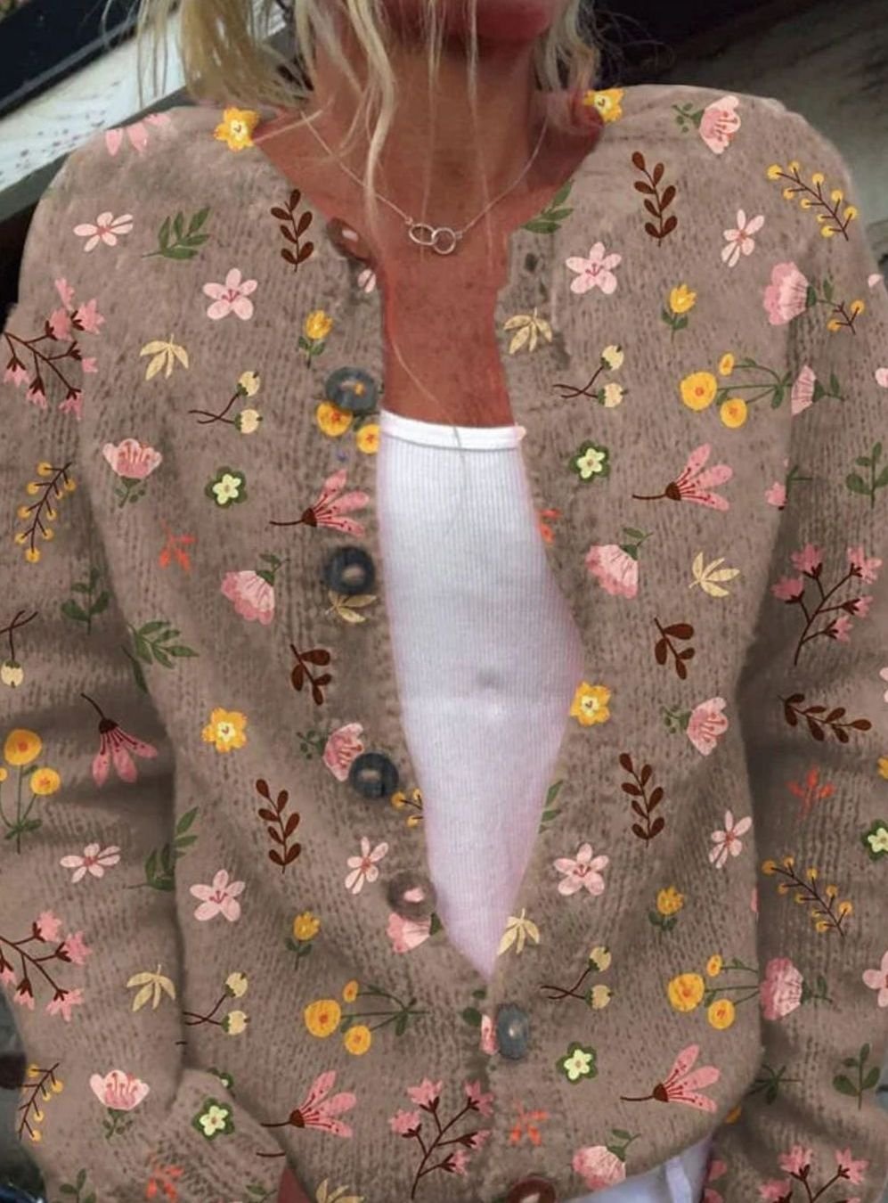 Women's Retro Flower-Print Button-Front Knit Cardigan – Brown