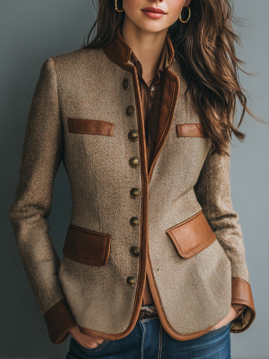 Women's Herringbone Tweed Leather-Trim Jacket for Weekends – Brown