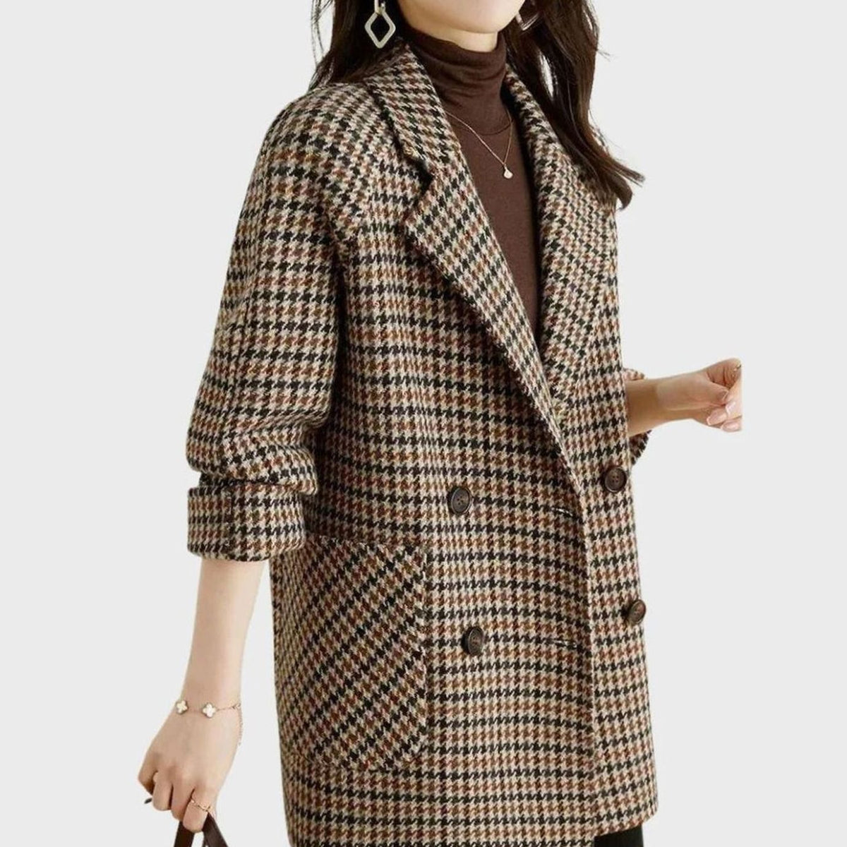 Women's Houndstooth Double-Breast Wool-Blend Coat – Coffee