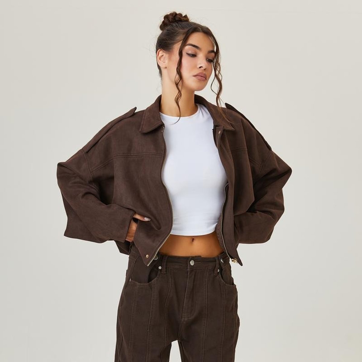 Women's Loose-Fit Faux Suede-Finish Bomber Jacket – Brown
