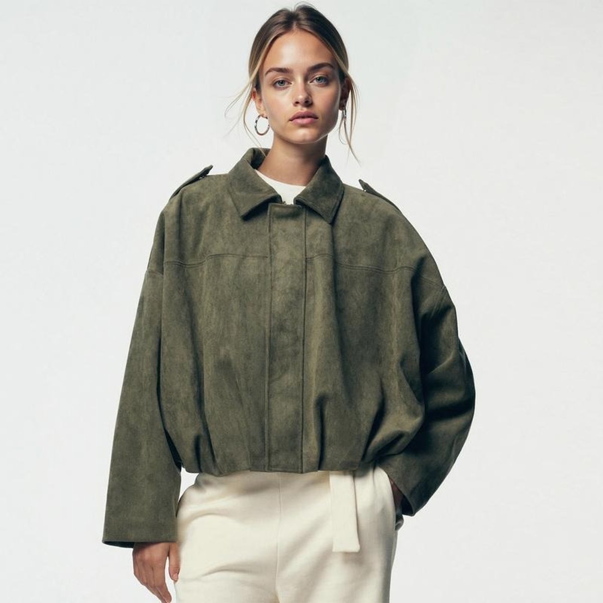 Women's Loose-Fit Faux Suede-Finish Bomber Jacket – Olive