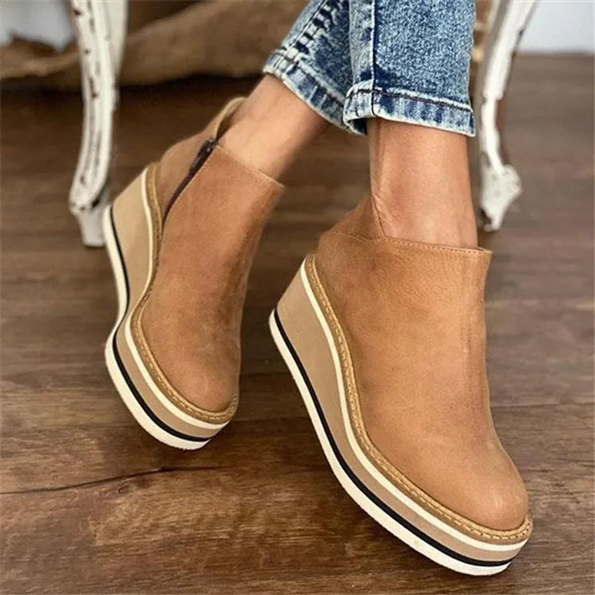 Women's Wedge-Heel Platform-Sole Full-Zip Ankle Boots Round Toe – Beige