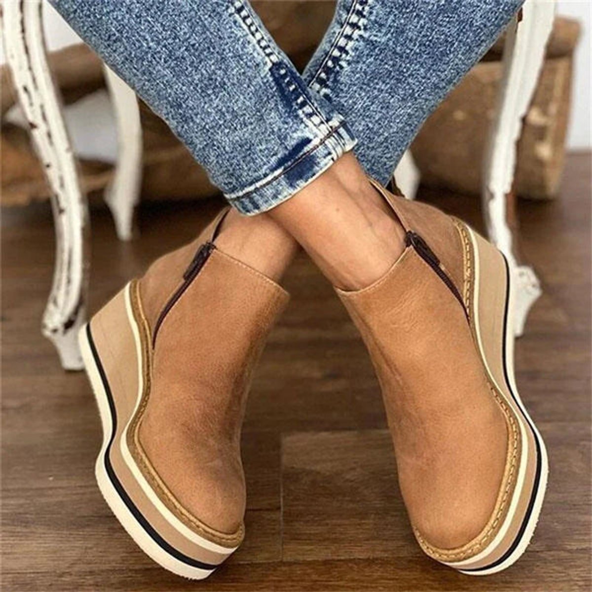 Women's Wedge-Heel Platform-Sole Full-Zip Ankle Boots Round Toe – view 2