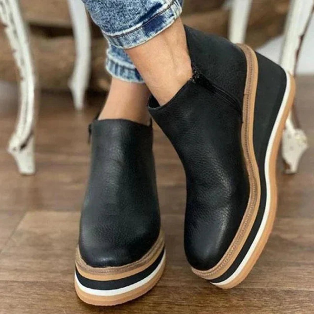 Women's Wedge-Heel Platform-Sole Full-Zip Ankle Boots Round Toe – Black