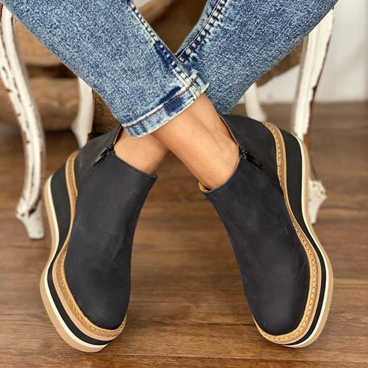 Women's Wedge-Heel Platform-Sole Full-Zip Ankle Boots Round Toe – view 4