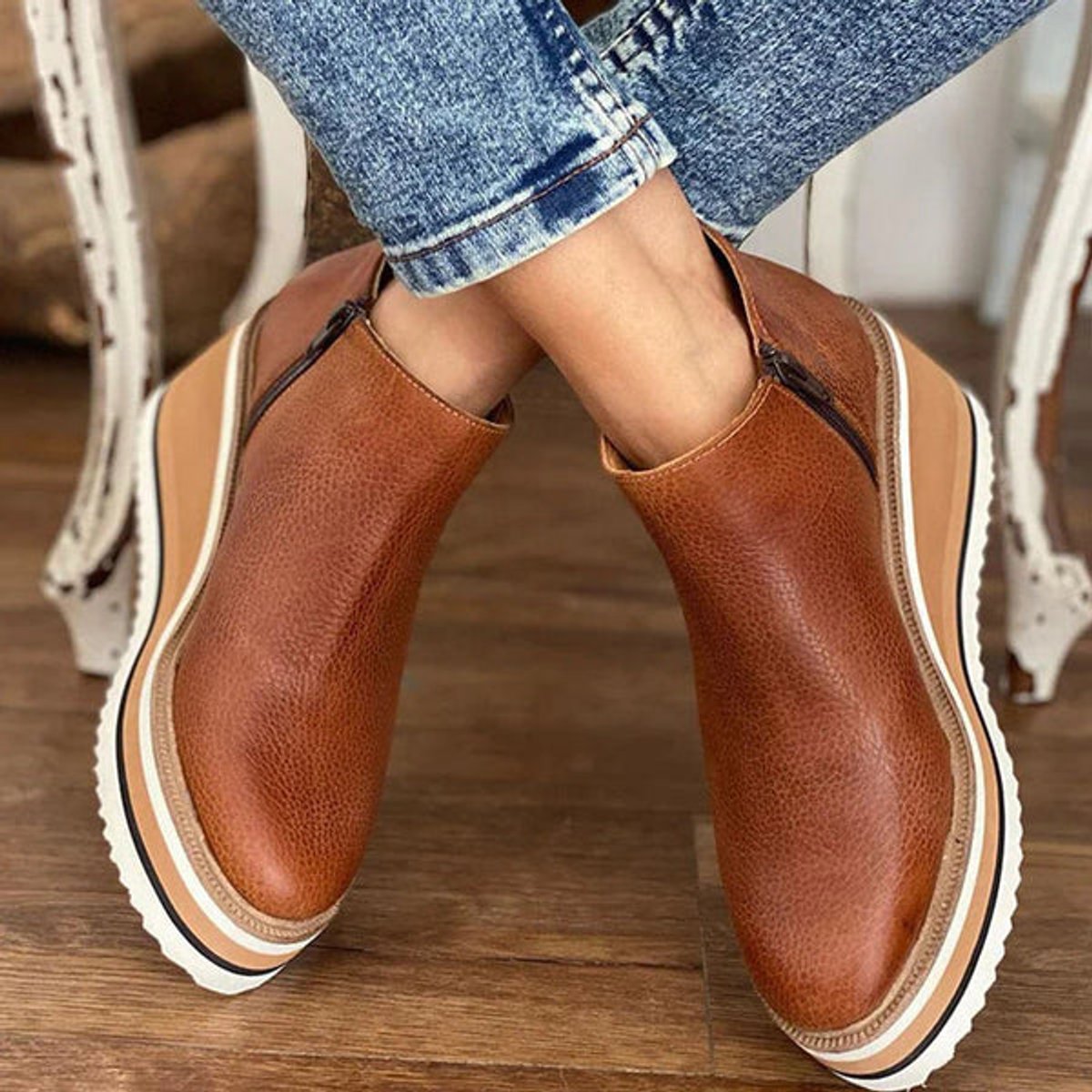 Women's Wedge-Heel Platform-Sole Full-Zip Ankle Boots Round Toe – view 6