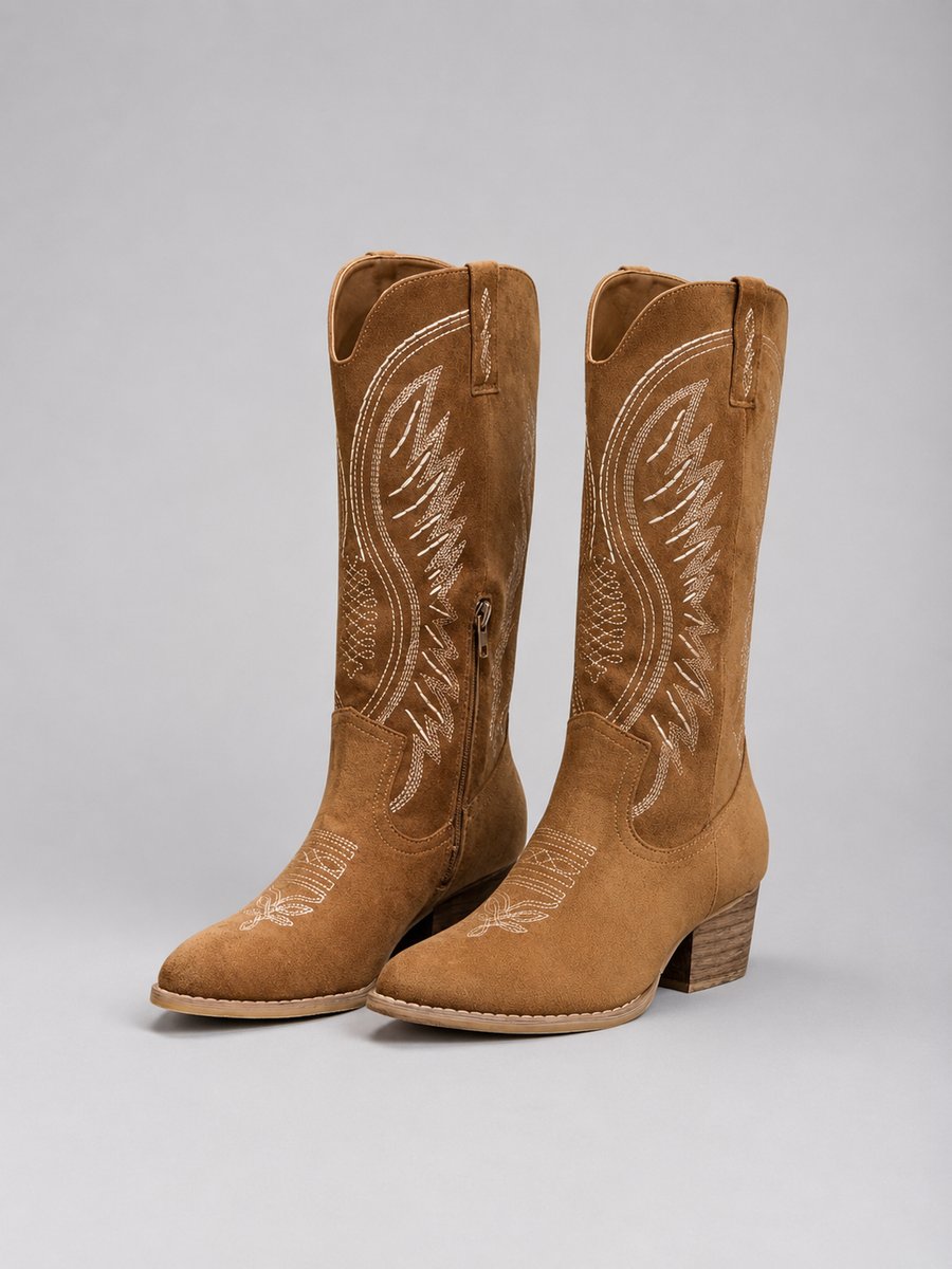 Women's Western Embroidery-Detail Suede-Finish Knee-High Booties – Brown
