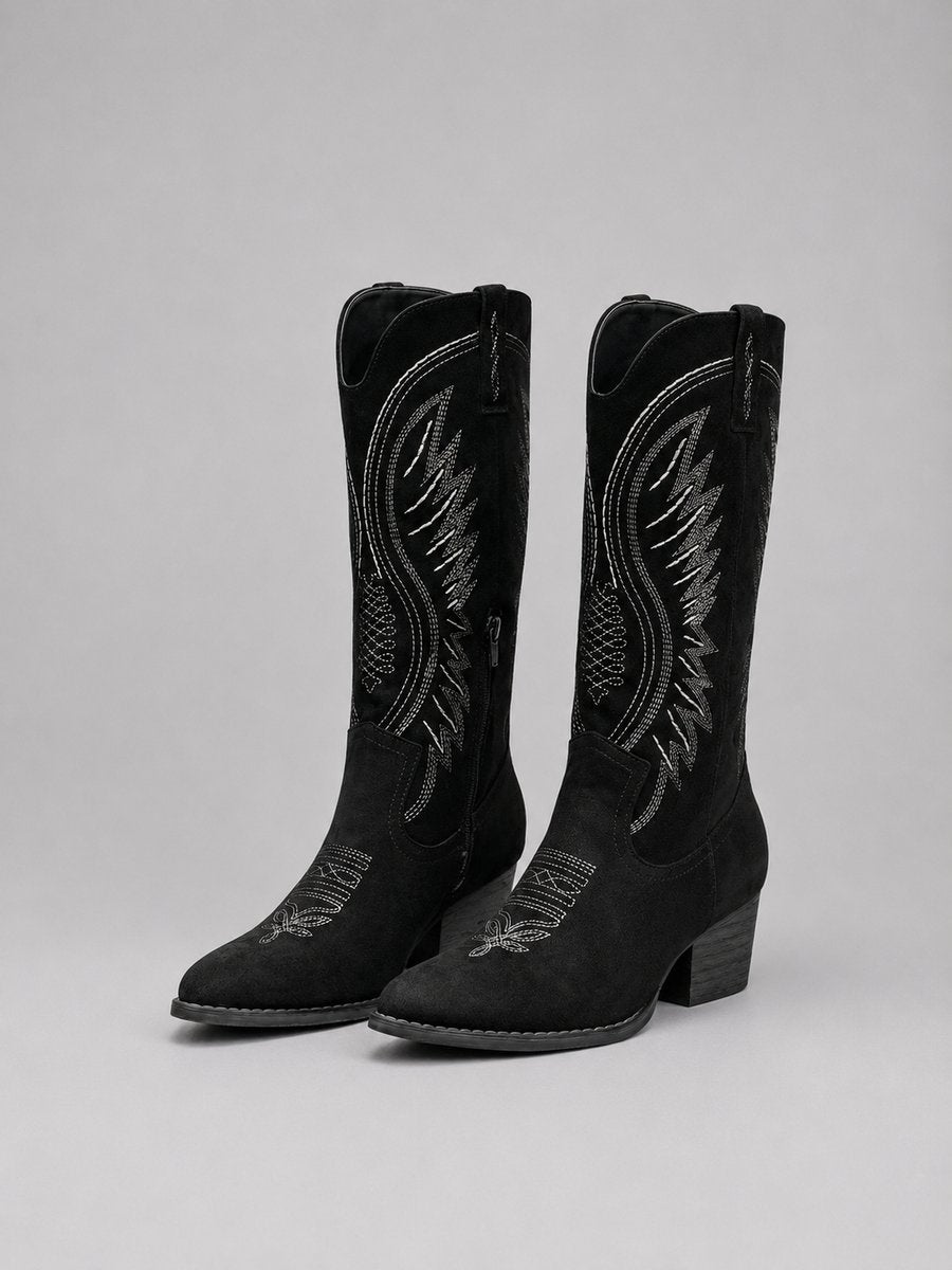 Women's Western Embroidery-Detail Suede-Finish Knee-High Booties – Black