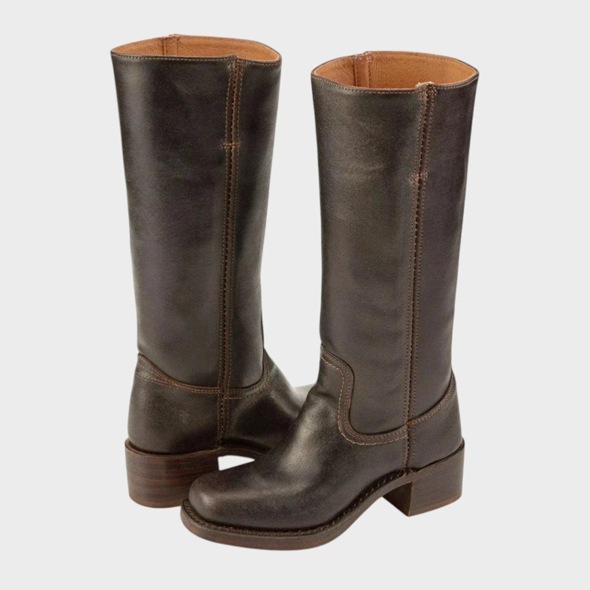 Women's Western Leather Knee High Boots Heel with Block – Dark Brown