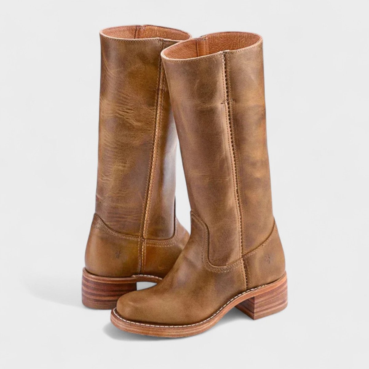 Women's Western Leather Knee High Boots Heel with Block – Light Brown