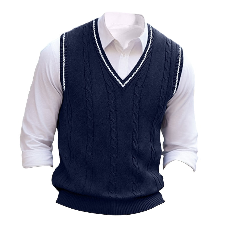 Men's Cable-Stitch V-Neckline Sweater Vest – Dark Navy