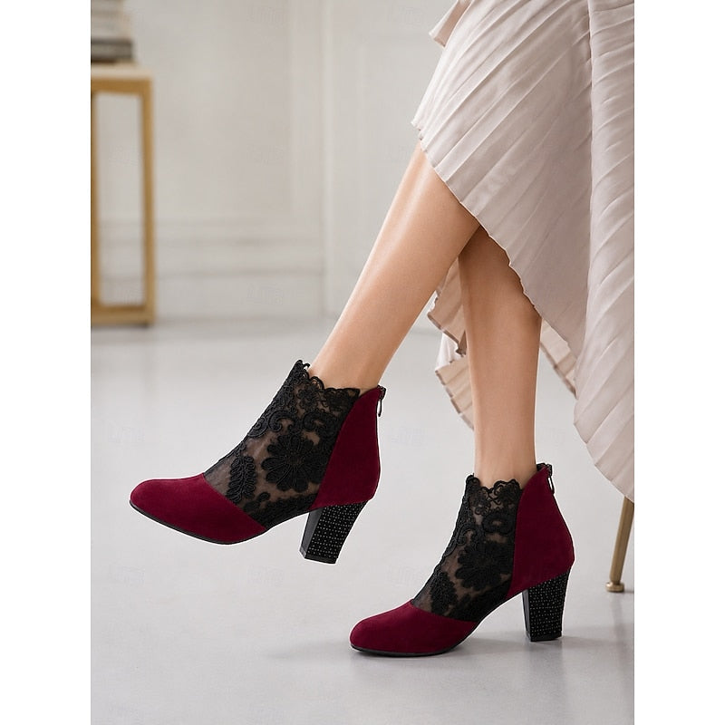 Women's Flower-Print Lace-Detail Block-Heel Booties – view 2